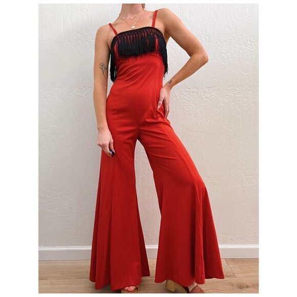 Vintage 1970's Red Orange Bell Bottom Flare Black Fringe Disco Jumpsuit - Picture 1 of 5